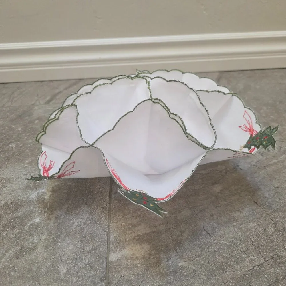 VTG Christmas Fabric Dinner Roll Cozy Holder Liner Embroidered Red Green Tree